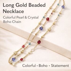 Long Gold Beaded Necklace | Colorful Pearl & Crystal Boho Chain